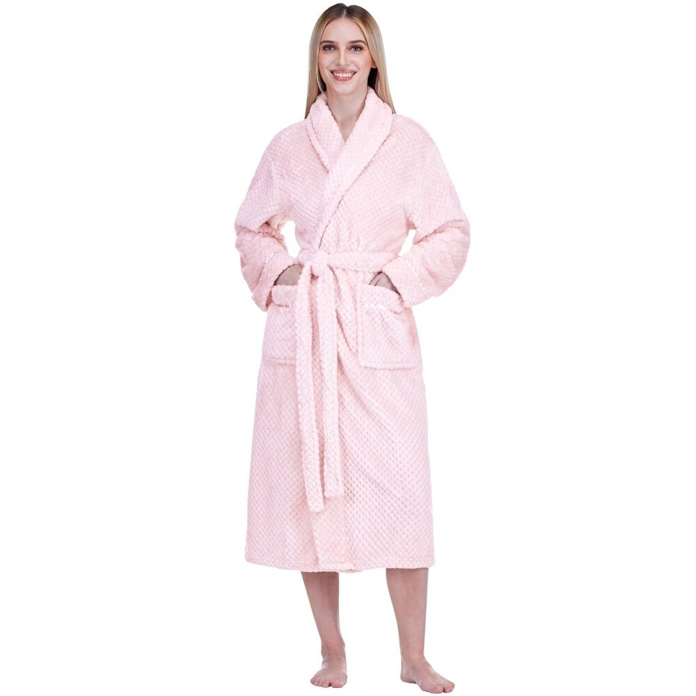 Plush Fleece Robe Elegant Spa Long Cozy Textured Bathrobe Adjustable Waist